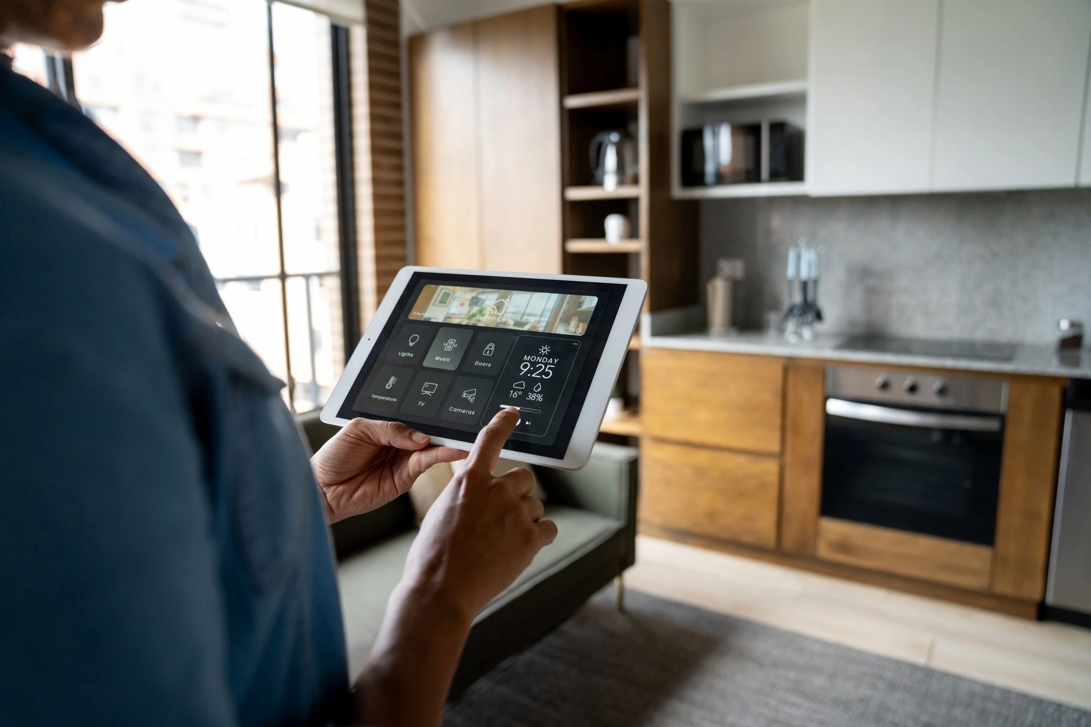Smart home audio control in a luxury modern house